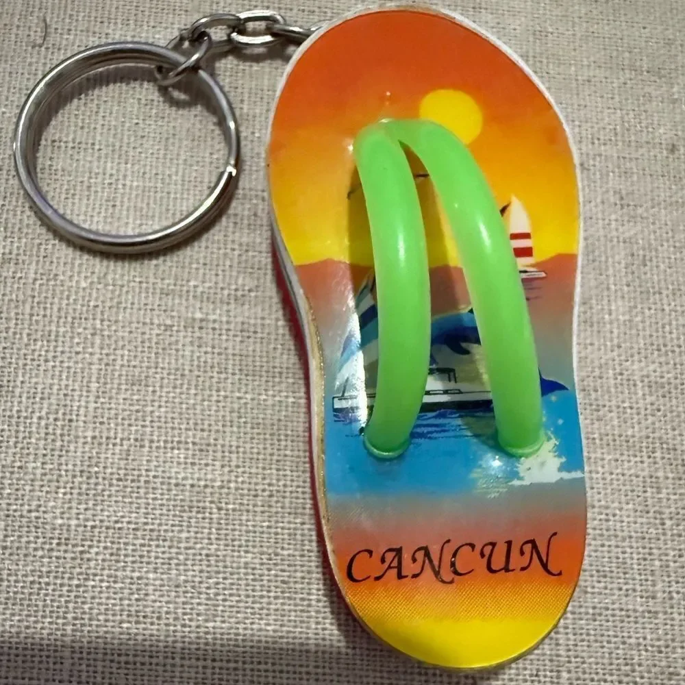 Colorful Flip-Flop Keychain Souvenir from Cancun with Green Straps
